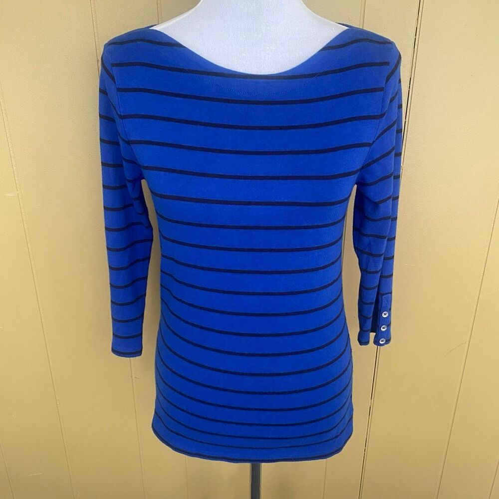 Carole Little women L boatneck 3/4 sleeve stripe lightweight sweater blue& black